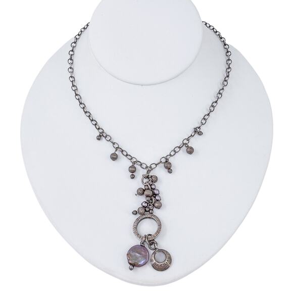 Purple Pearl Dangle Necklace | Sterling Silver 925 Layered Chain 17” - Picture 4 of 10